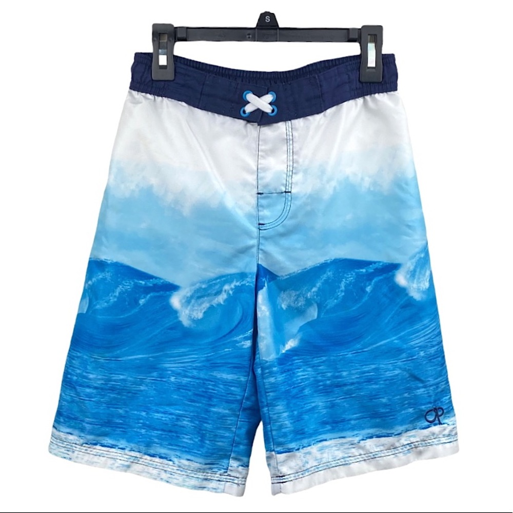 OP Ocean Pacific Arctic White Wave Print Boardshorts Boys Lined Swim Trunks M 8